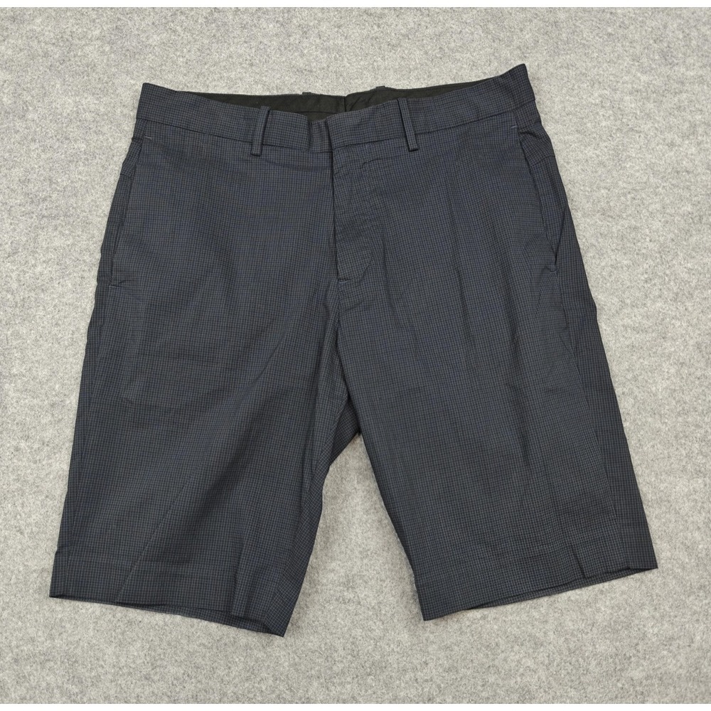Theory Shorts Mens 31 Blue Check Stretch Beck Faws Chino Flat Front Casual
